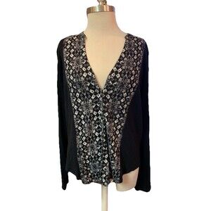 Lucky Brand Boho Top Sz Large Long Roll Tab Sleeve Black Lightweight Stretchy